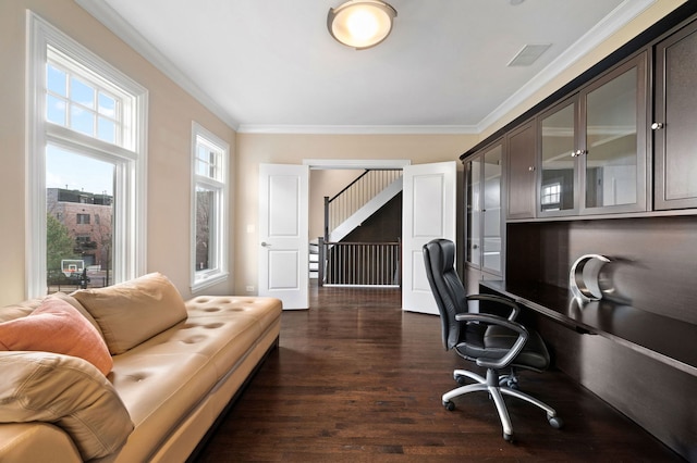 home office featuring crown molding and dark wood-type flooring