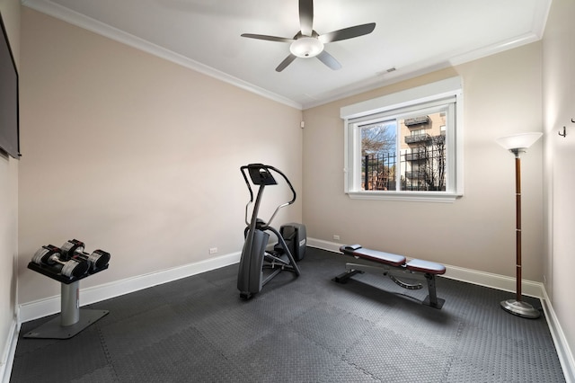 workout room with crown molding and ceiling fan