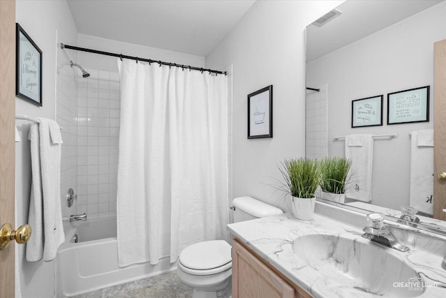 full bathroom with vanity, shower / bath combo with shower curtain, and toilet