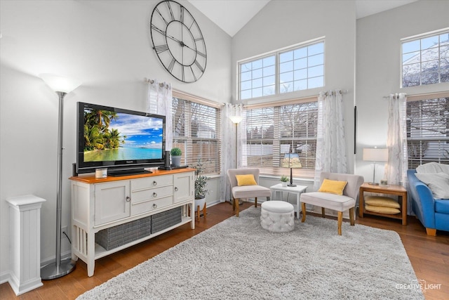 sitting room featuring dark wood-type flooring, plenty of natural light, and high vaulted ceiling