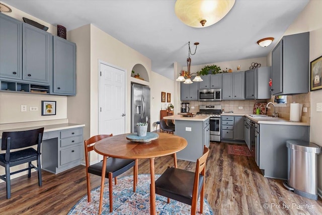 kitchen with pendant lighting, sink, backsplash, stainless steel appliances, and a center island