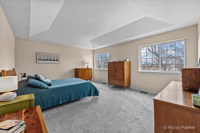 bedroom with a tray ceiling and light colored carpet