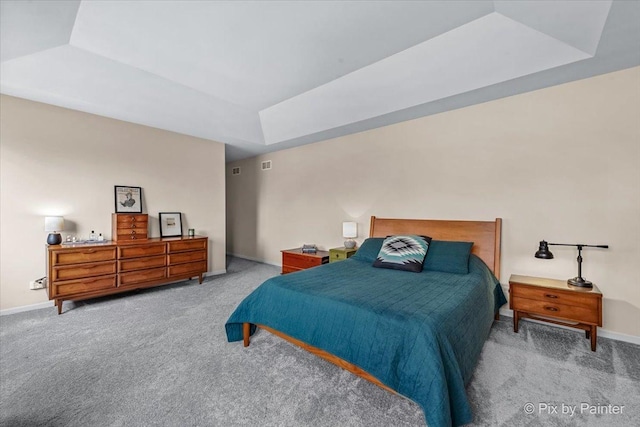 bedroom featuring light colored carpet and a raised ceiling