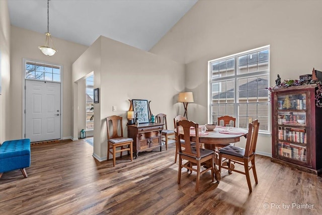 dining space featuring high vaulted ceiling and hardwood / wood-style floors