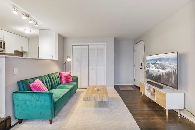 living room with rail lighting and dark hardwood / wood-style floors