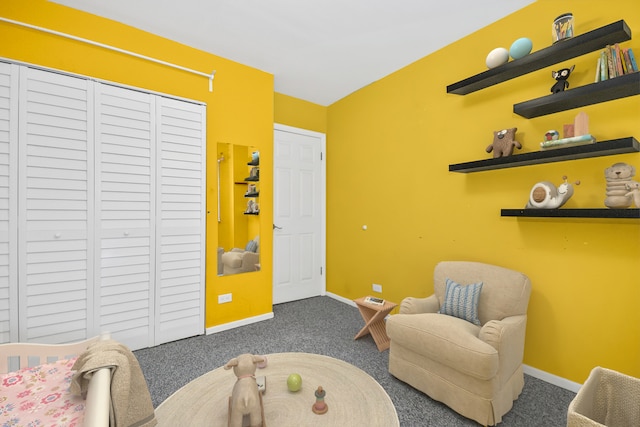 sitting room with dark colored carpet