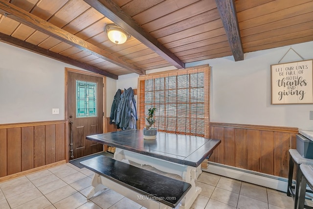 tiled dining space with wooden walls, wooden ceiling, lofted ceiling with beams, and baseboard heating