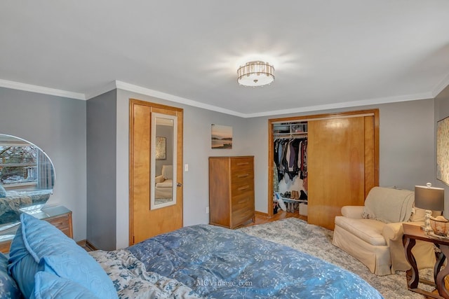 bedroom featuring ornamental molding, wood-type flooring, and a closet