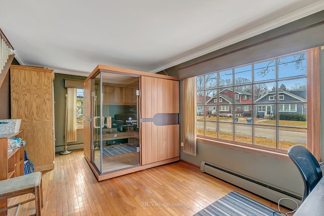 doorway to outside featuring crown molding, a baseboard radiator, and light wood-type flooring