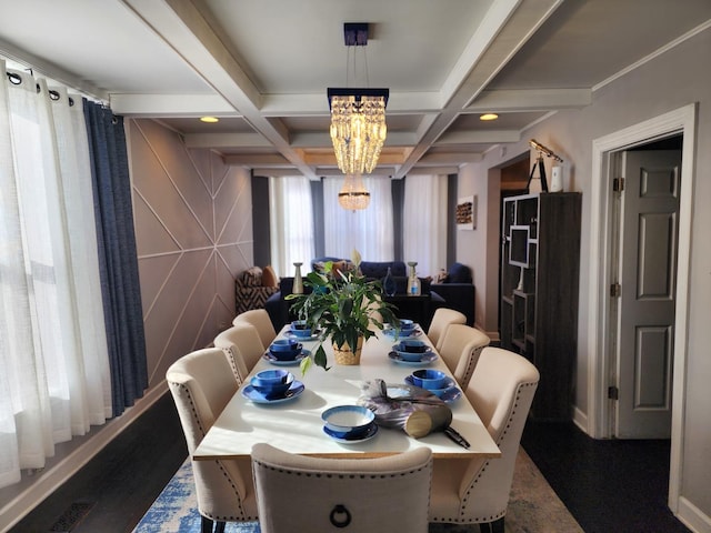 dining area featuring coffered ceiling, beam ceiling, and a notable chandelier