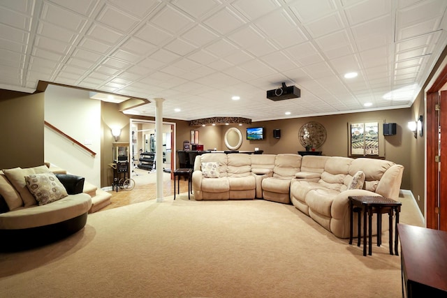 home theater with light colored carpet and recessed lighting