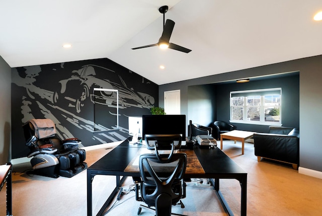 home office with light carpet, baseboards, a ceiling fan, lofted ceiling, and an accent wall