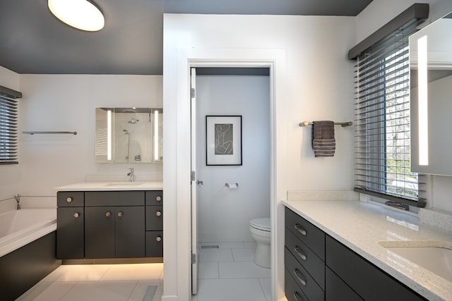 full bathroom with vanity, toilet, separate shower and tub, and tile patterned flooring