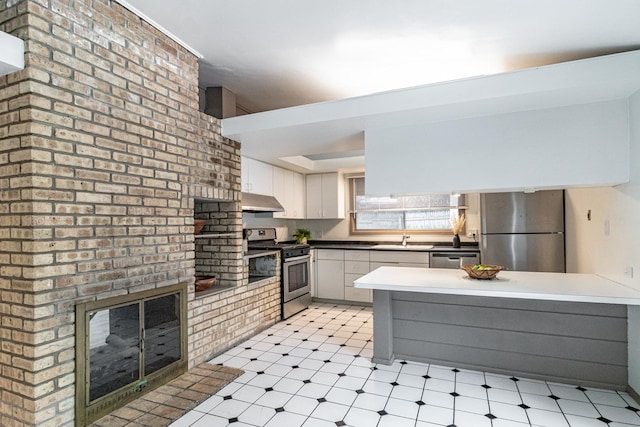 kitchen featuring sink, appliances with stainless steel finishes, white cabinetry, a brick fireplace, and kitchen peninsula