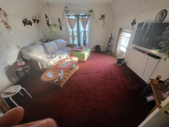 living room featuring lofted ceiling and carpet floors