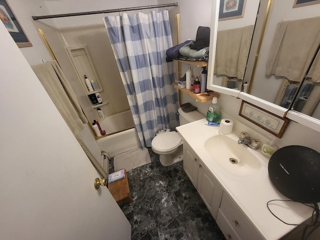 full bathroom with vanity, toilet, and shower / bath combo with shower curtain