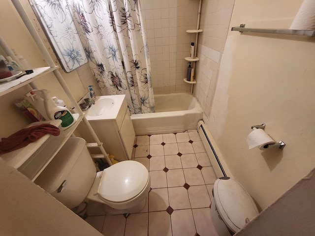 full bathroom featuring vanity, shower / tub combo, a baseboard radiator, and toilet