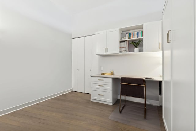 home office with dark hardwood / wood-style floors and built in desk