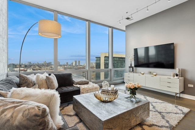 living room with floor to ceiling windows, rail lighting, and dark hardwood / wood-style floors