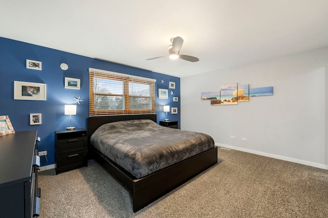 bedroom with ceiling fan and carpet flooring