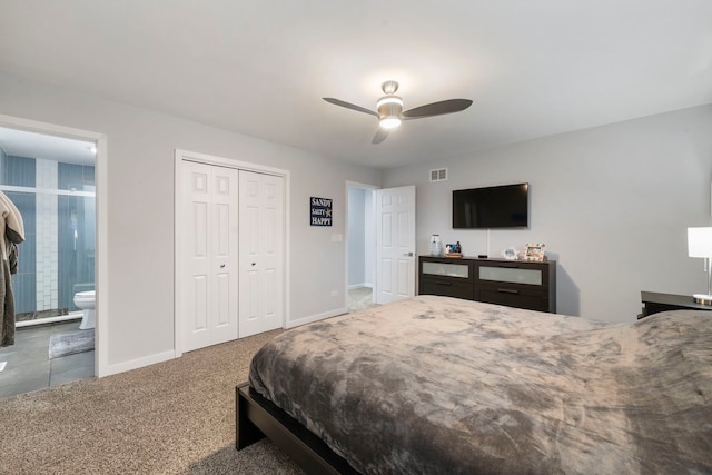 carpeted bedroom featuring ceiling fan, connected bathroom, and a closet