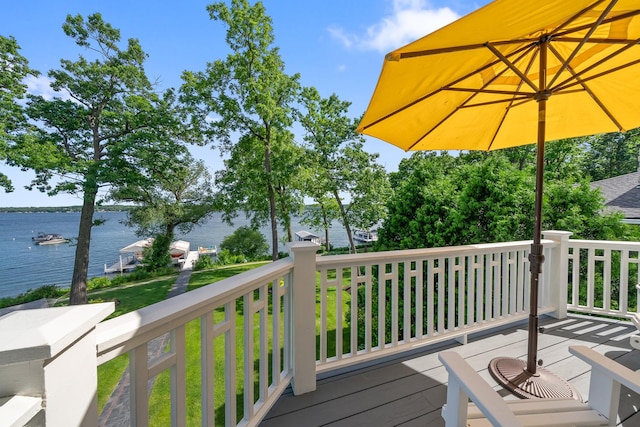 wooden deck featuring a water view