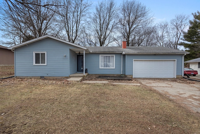 single story home featuring a chimney, concrete driveway, a front yard, crawl space, and a garage