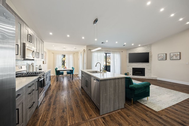 kitchen with stainless steel appliances, sink, a center island with sink, and dark hardwood / wood-style floors