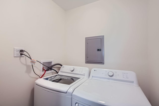 laundry area featuring electric panel and washing machine and dryer