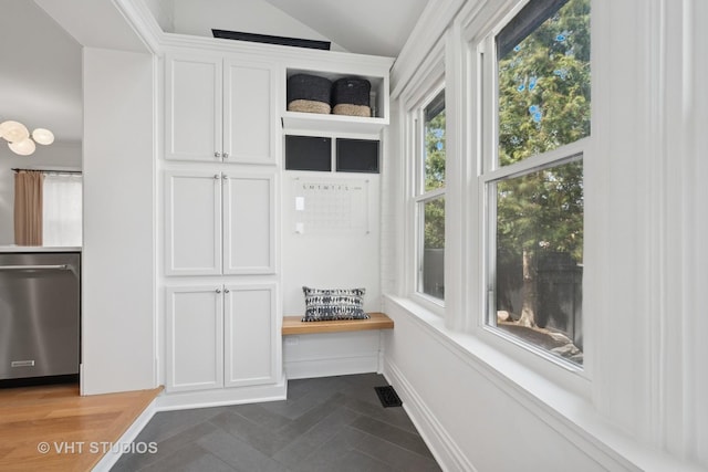 2645 Prairie Ave, Evanston, IL 60201 - mudroom featuring dark tile patterned floors, vaulted ceiling, and visible vents