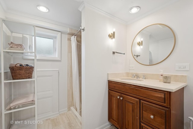 2645 Prairie Ave, Evanston, IL 60201 - bathroom with crown molding, vanity, a shower with shower curtain, and baseboards