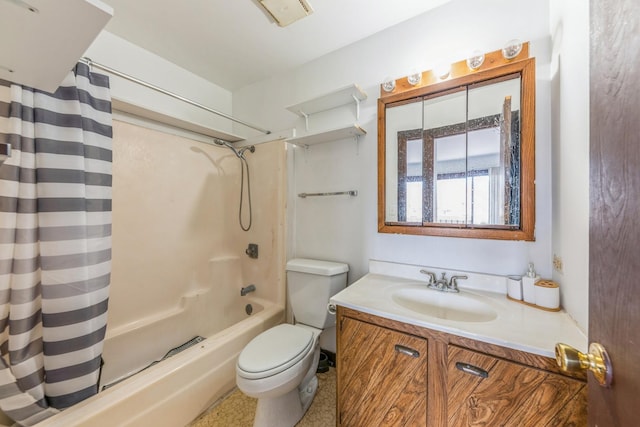 full bathroom with vanity, toilet, and shower / tub combo with curtain