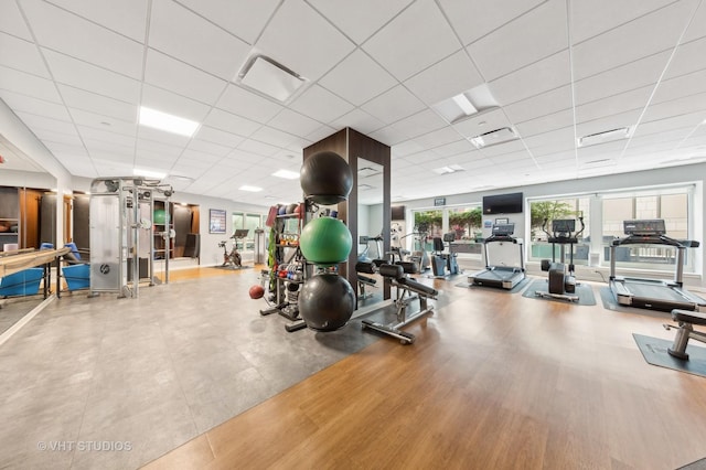 workout area featuring a paneled ceiling and light hardwood / wood-style floors