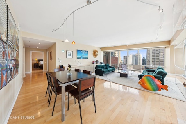 dining space featuring light hardwood / wood-style flooring and rail lighting