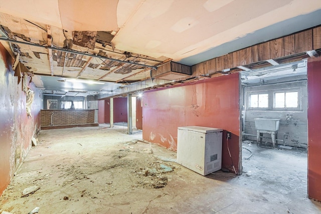 basement with refrigerator