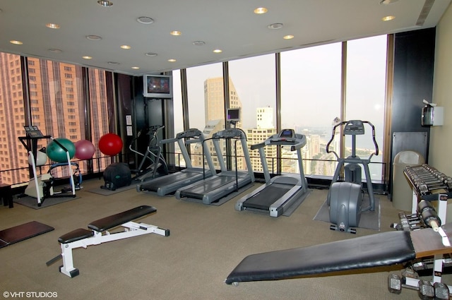 175 E Delaware Pl Unit 4503, Chicago, IL 60611 - exercise room featuring expansive windows, carpet, and recessed lighting