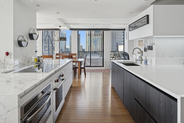 kitchen featuring sink, black electric stovetop, white cabinets, dark hardwood / wood-style flooring, and stainless steel oven