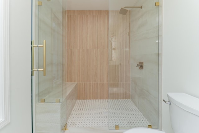 full bathroom featuring a stall shower and toilet