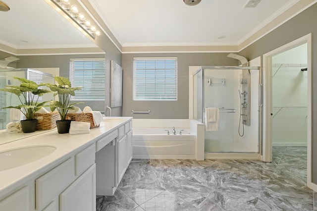 bathroom featuring independent shower and bath, vanity, and ornamental molding