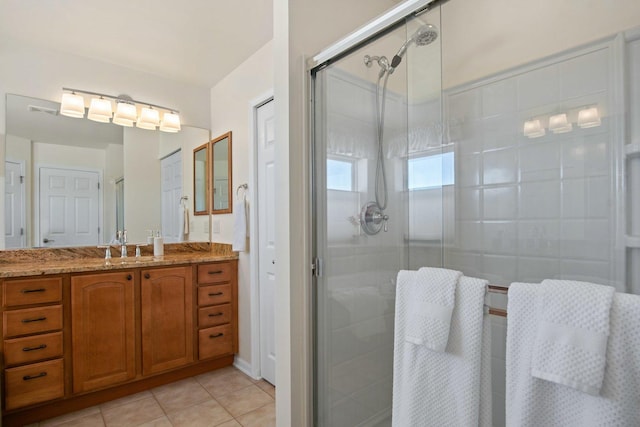 full bath with tile patterned flooring, visible vents, vanity, a closet, and a shower stall