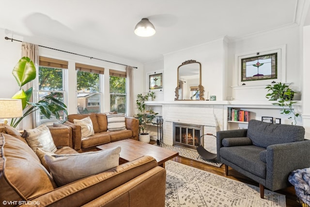 living room with ornamental molding, a fireplace, and wood finished floors