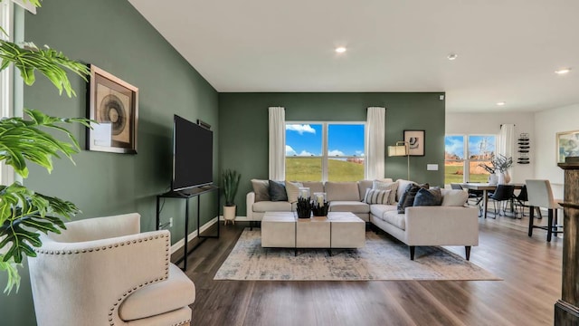 living room with dark hardwood / wood-style floors and a wealth of natural light