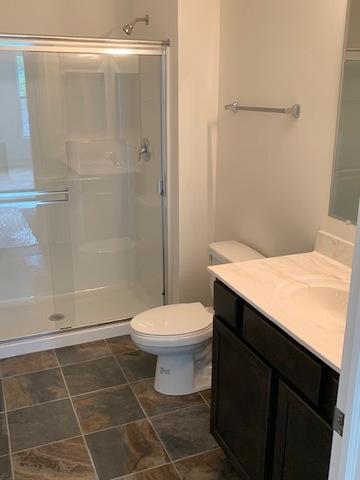 488 Ridge Ln, Bolingbrook, IL 60440 - bathroom featuring walk in shower, vanity, and toilet