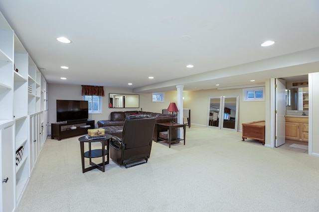 living room with light colored carpet