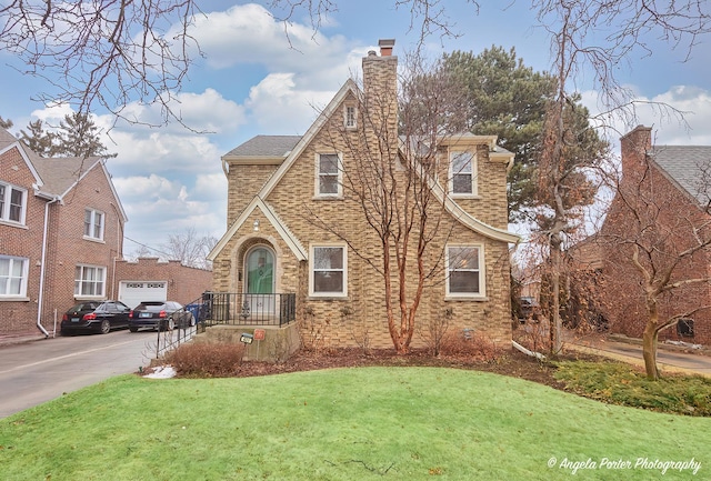 english style home with a garage and a front yard