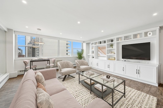 living room with wood-type flooring and baseboard heating