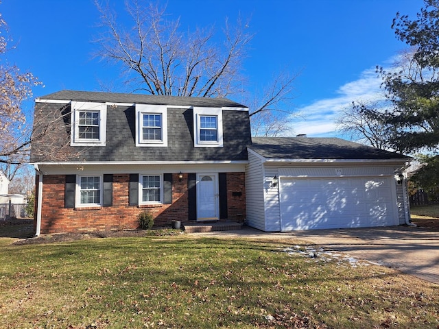 dutch colonial featuring an attached garage, brick siding, driveway, roof with shingles, and a front yard