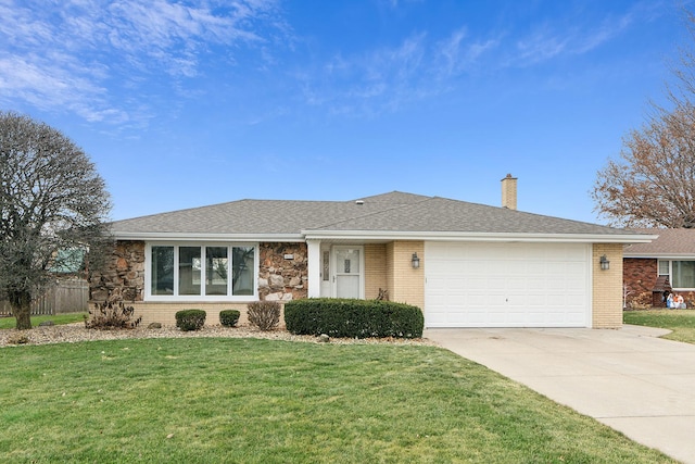 single story home with a garage and a front lawn