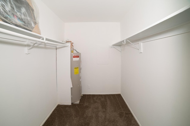 spacious closet with dark carpet and water heater