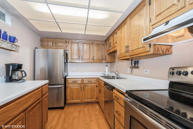 kitchen with sink, stainless steel appliances, and light hardwood / wood-style floors